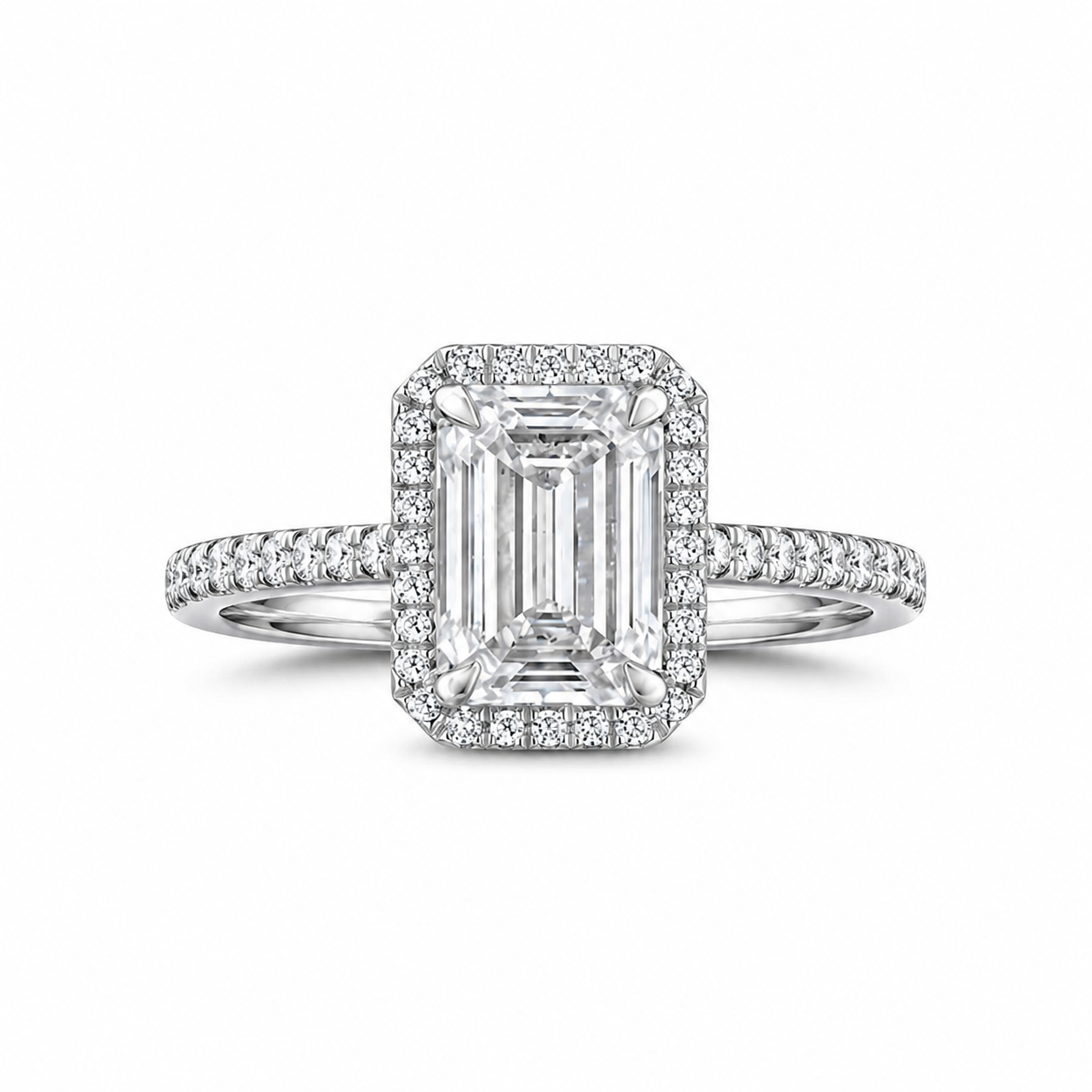 Cust. 2ct Emerald Halo Lab Diamond Engagement Ring with Half Pave Band