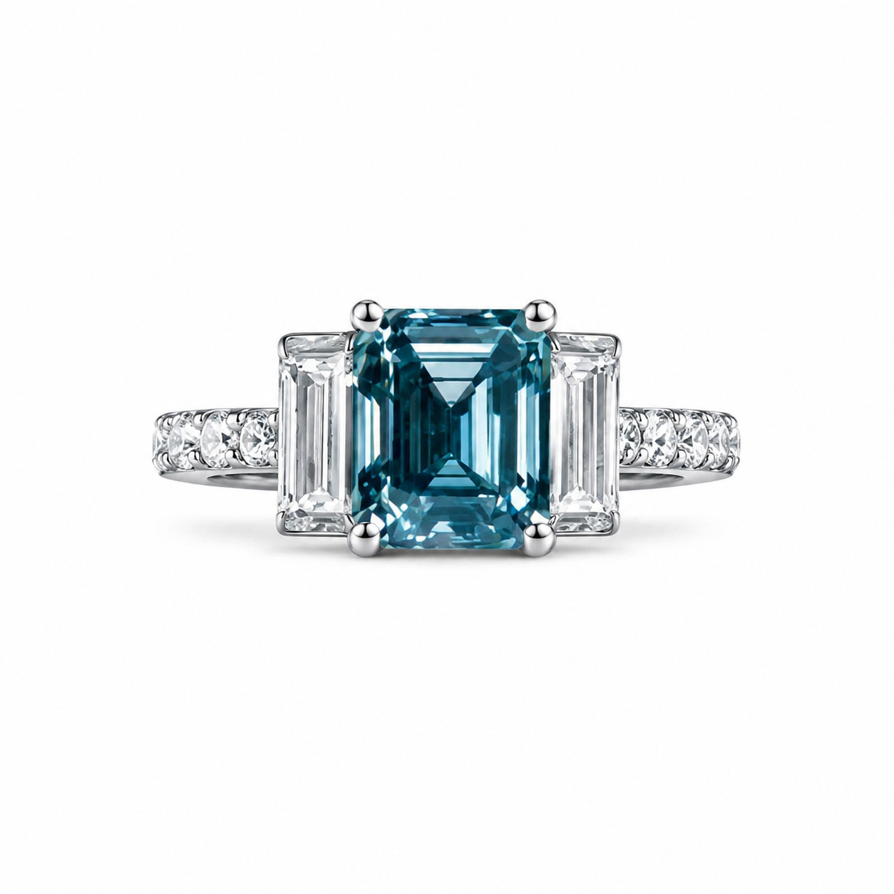 Fancy Blue 2.25 Ct Emerald & Baguette Diamond with Half Pave Band