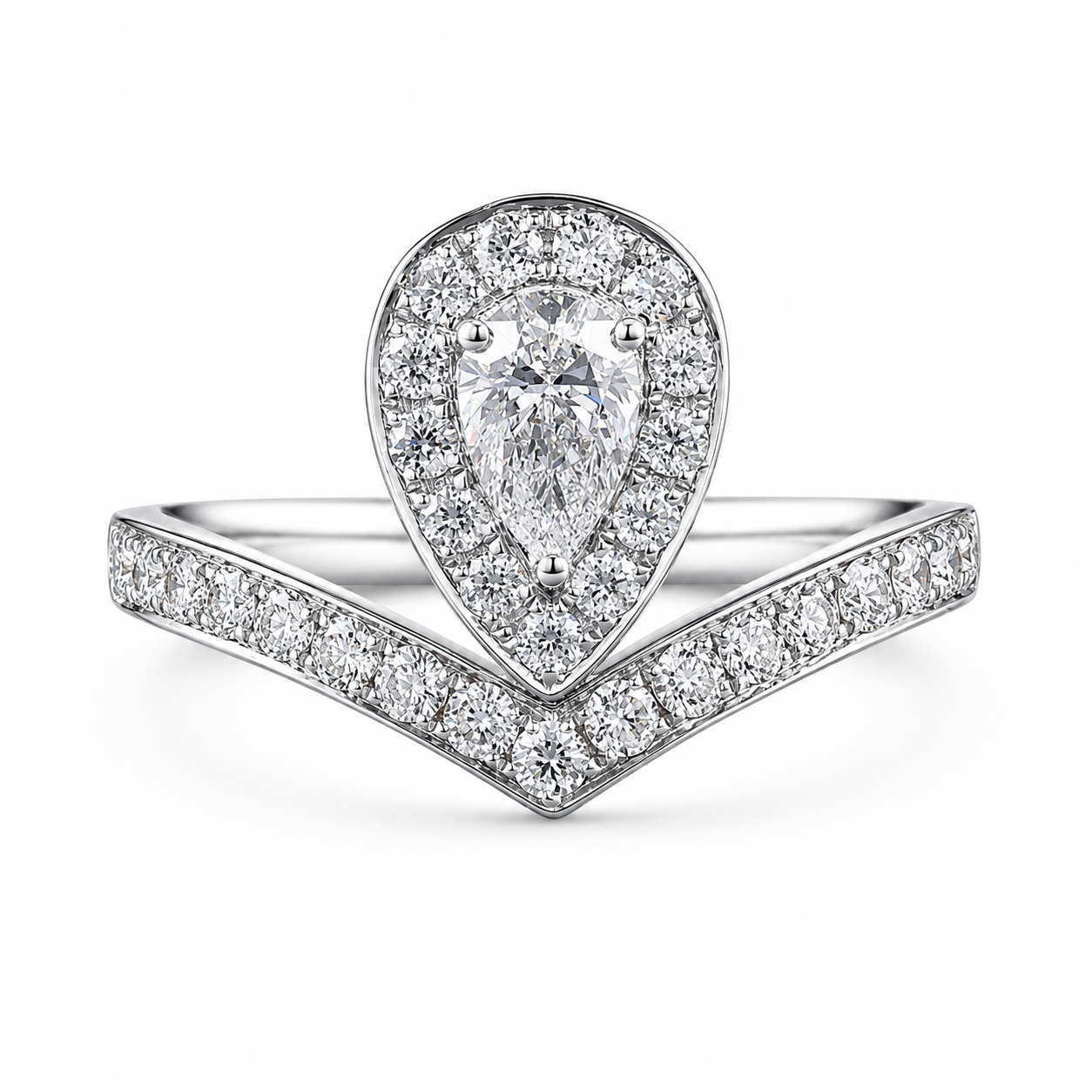 Pear Cut Main Stone Halo with Curved V-Shape Half Pave Band