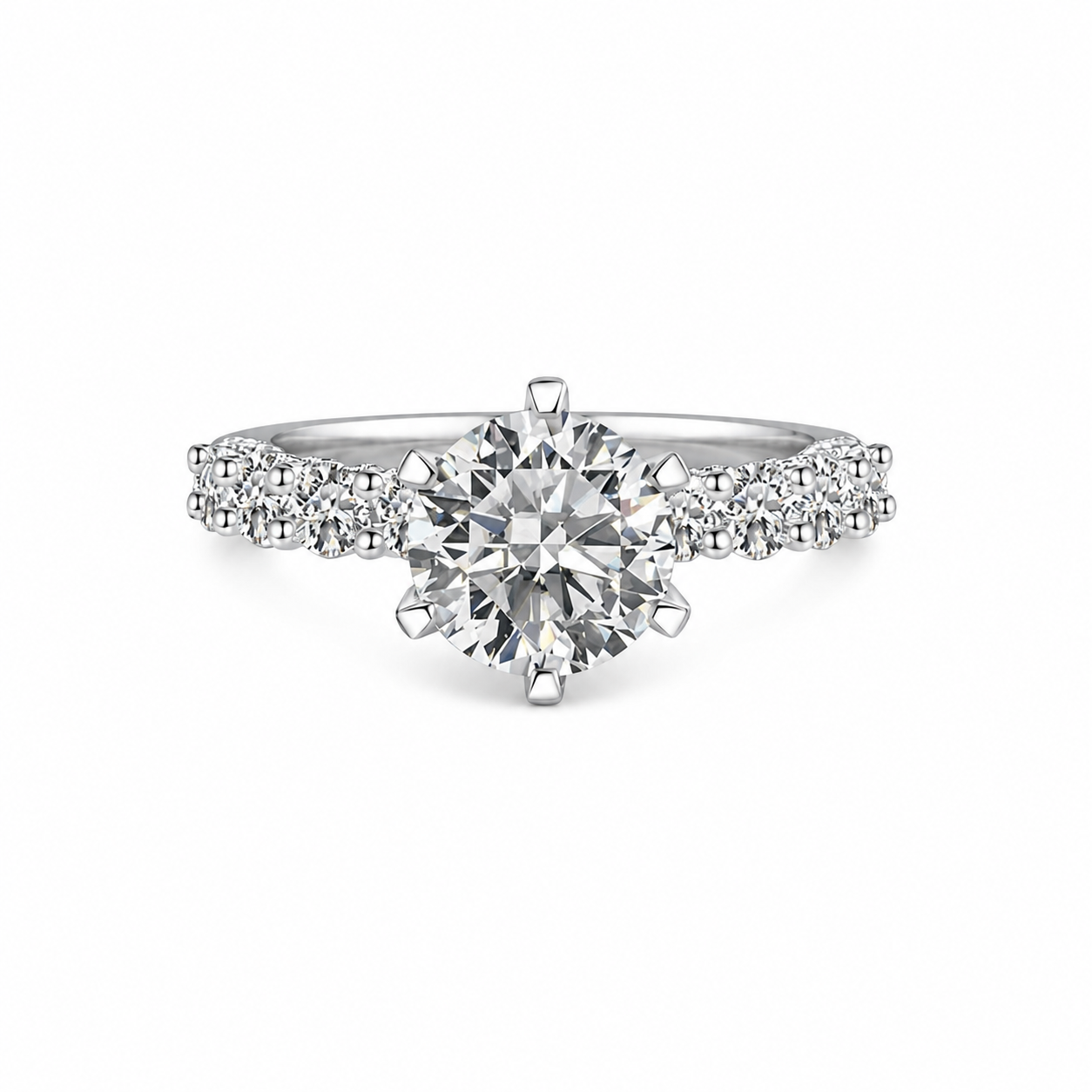 6 Prong Solitaire Round 1.5 Ct Diamond Ring With 3 Sides Pave Shoulder Band