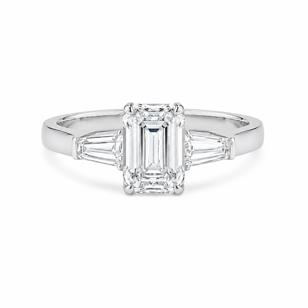 Center 2.21 Ct Emerald Stone With 2 Trapezoid Side Stone Engagement Ring