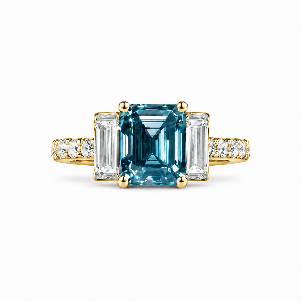 Esmeralda 2,25 Qts Azul Fantasía y Diamantes de Laboratorio Talla Baguette con Media Banda Pavé